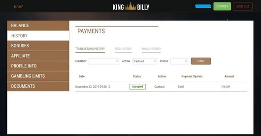 King Billy Casino kifizetés